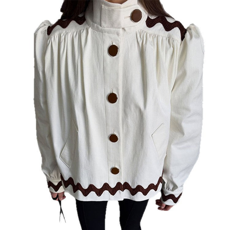 Ladies short jacket with stand-up collar, decorative wave edge and decorative button placket Chichicherry