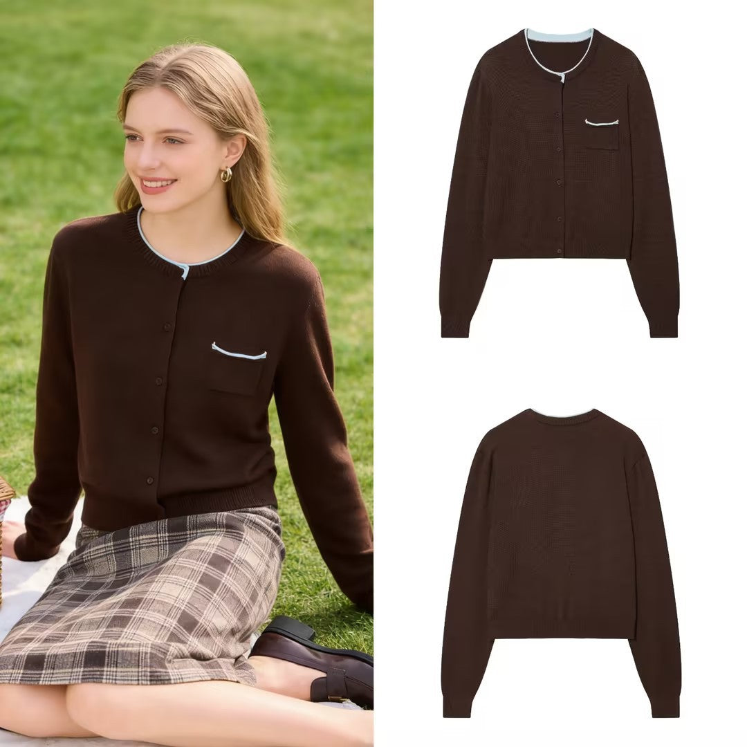 Women’s short-cut cardigan with contrast trim and patch pocket Chichicherry