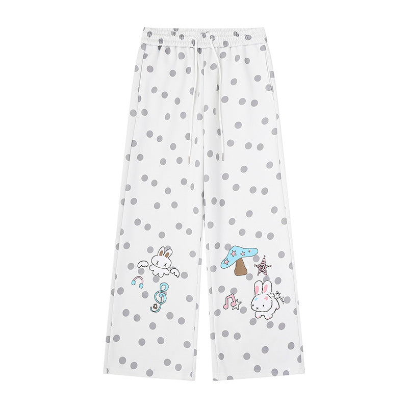 Women Wide Lounge Pants with Comfort Waistband, Polka Dot Allover and Playful Cartoon Print Chichicherry