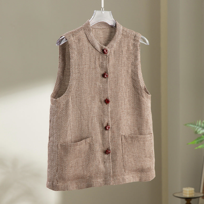 Women Sleeveless Textured Knit Vest with Round Neckline, Button Placket and Patch Pockets Chichicherry