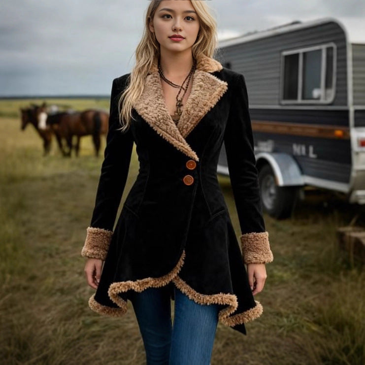 Women's Tailored Suede Imitation Coat with Teddy Lining and Flared Hem Chichicherry