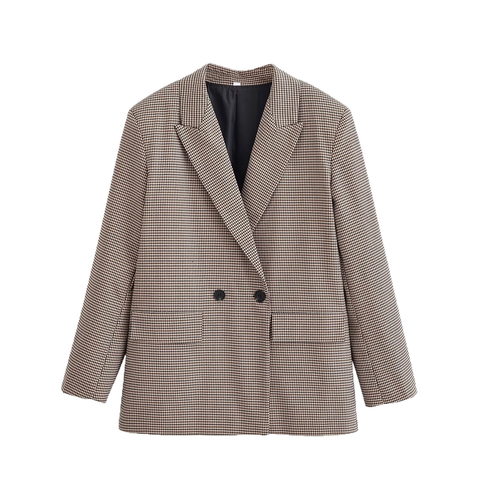 Women Double-Breasted Oversized Blazer with Houndstooth Pattern and Flap Pockets Chichicherry
