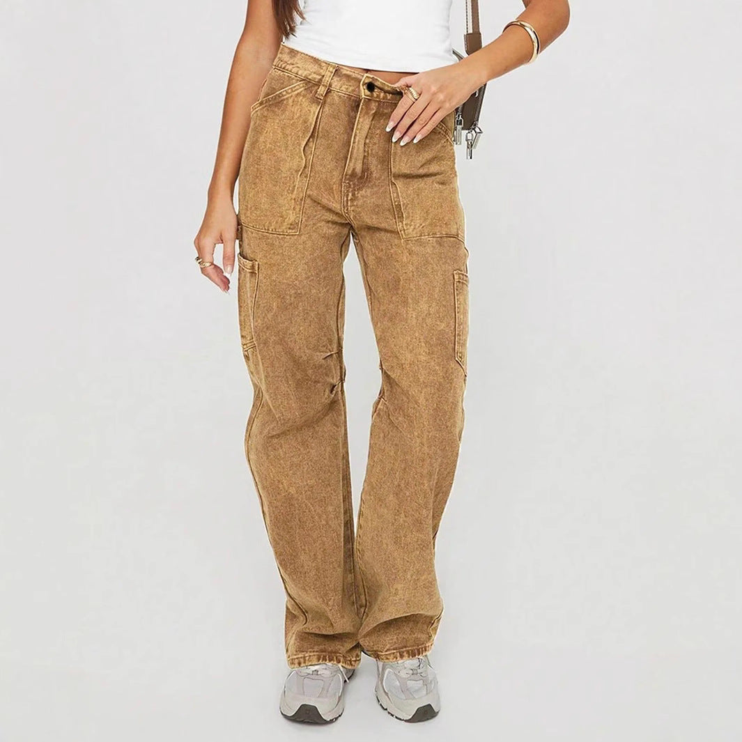 Women's Loose Utility Cargo Jeans with Straight Leg and Patch Pockets Chichicherry
