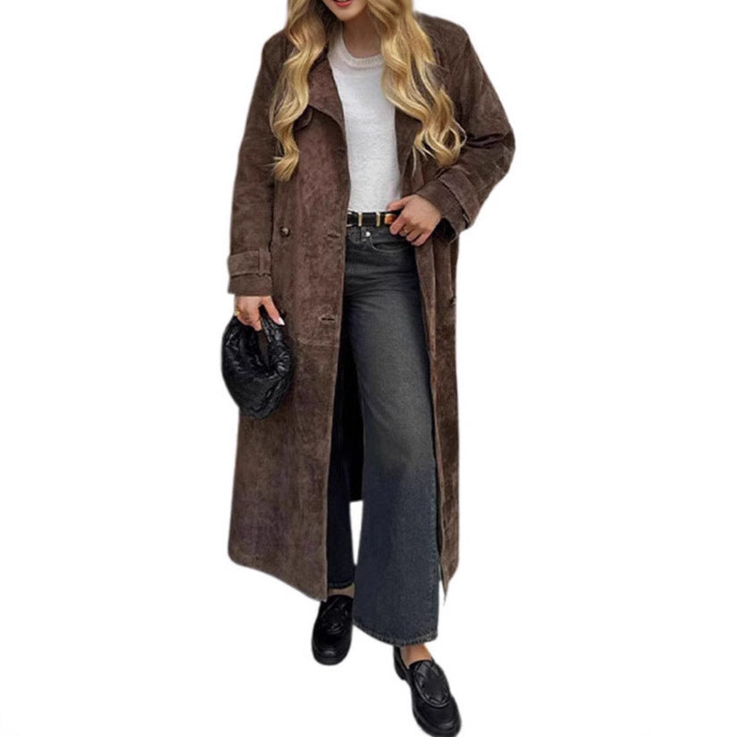 Women's Long Double-Breasted Trench Coat in Suede-Like with Waist Belt Chichicherry