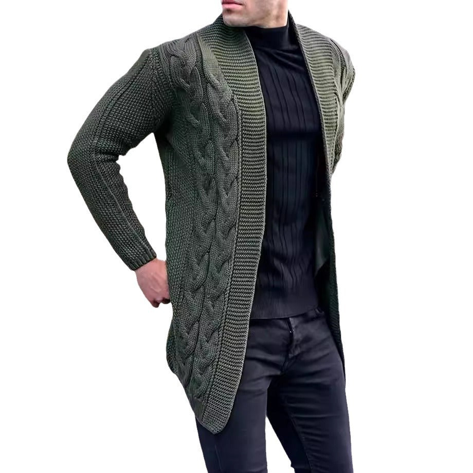 Men's Longline Knitted Cardigan with Shawl Collar, Cable and Pearl Patterns Chichicherry