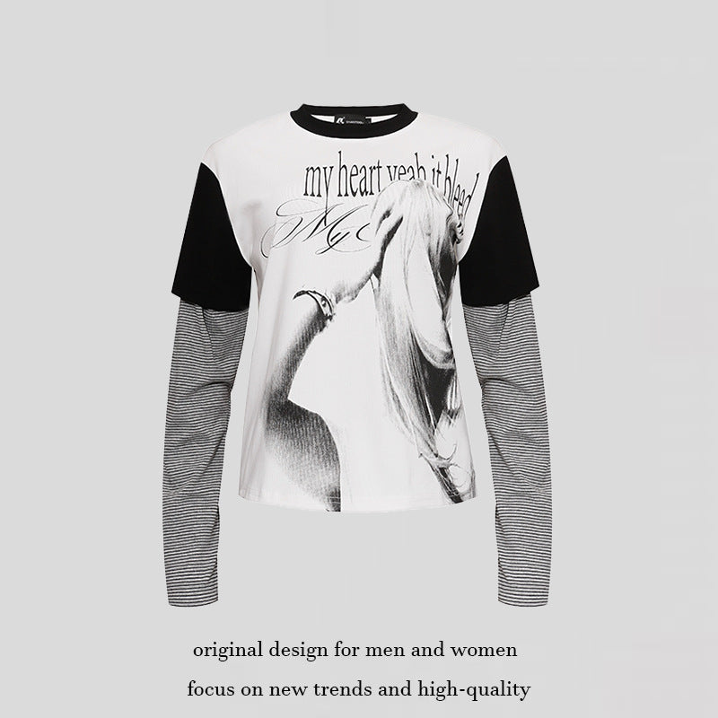 Women's Layered Long Sleeve Shirt with Photo Print, Contrasting Short Sleeves and Striped Inner Sleeves Chichicherry