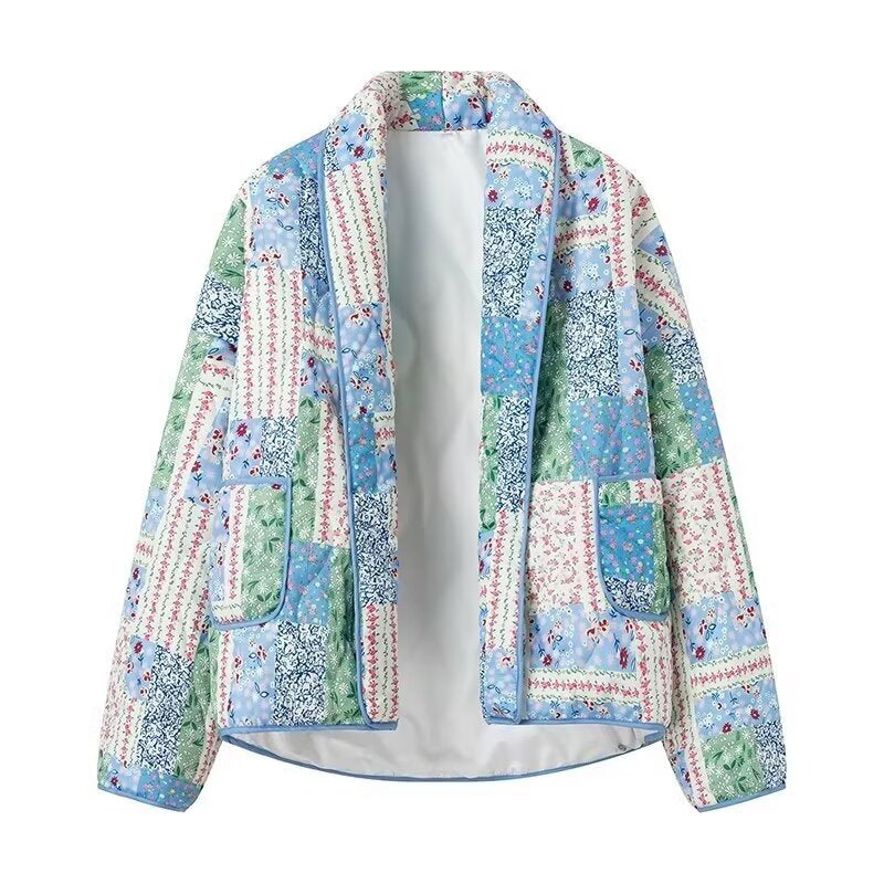 Women's quilted jacket in patchwork style with shawl collar and patch pockets Chichicherry