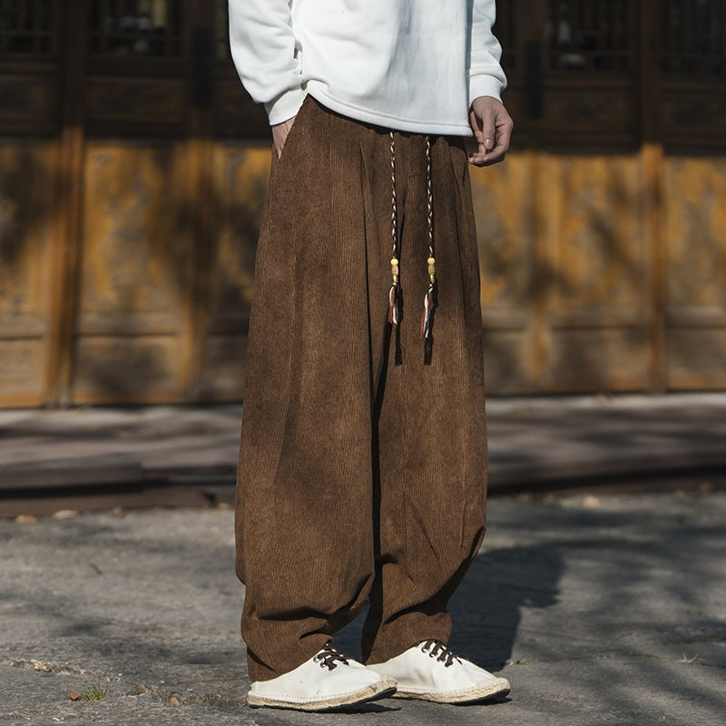 Men's Wide Cut Corduroy Trousers with Drawstring, Pleats and Relaxed Fit Chichicherry