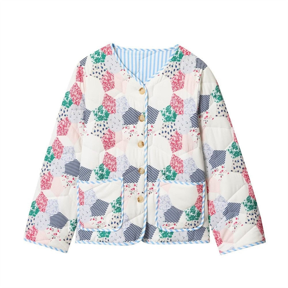 Women's Quilted Short Jacket in Patchwork Quilt Look with Button Placket and Patch Pockets Chichicherry
