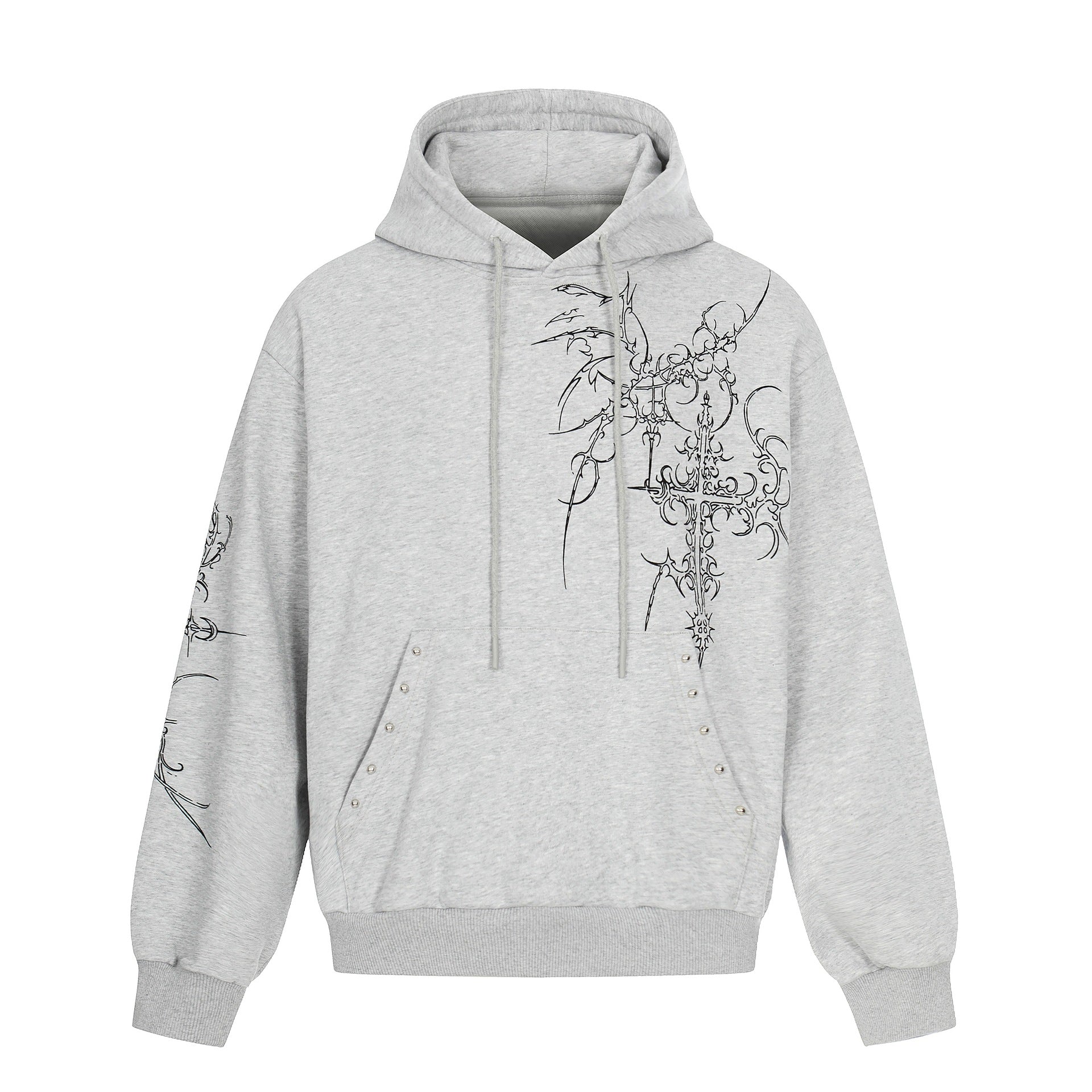 Men's Oversized Hoodie with Ornamental Cross Print and Studs Chichicherry