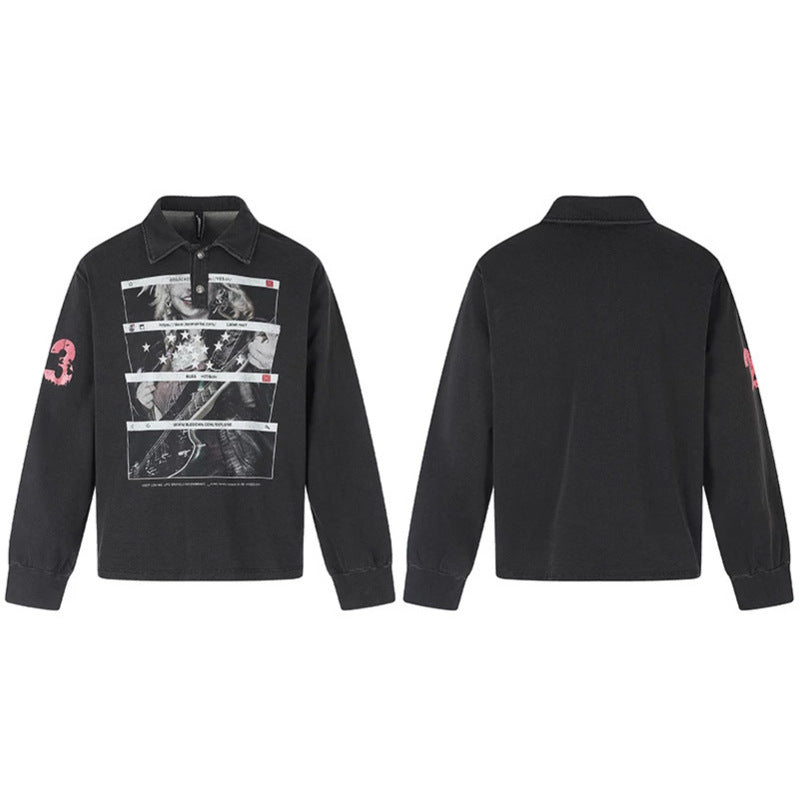 Men's Long Sleeve Polo Shirt with Vintage-Inspired Front Print, Shirt Collar and Button Placket Chichicherry