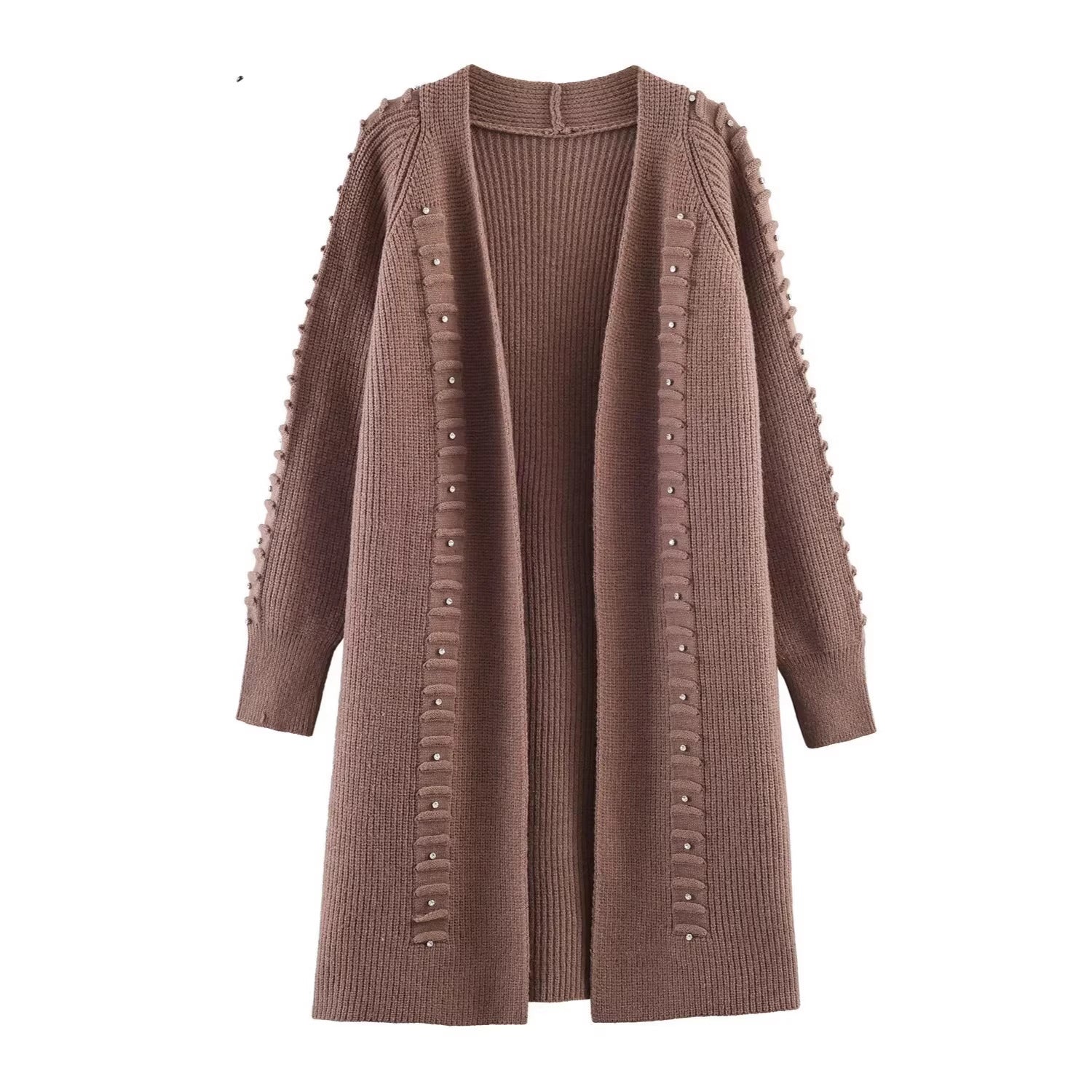 Women Longline Knit Cardigan with Pearl Trim and Ribbed Cuffs Chichicherry