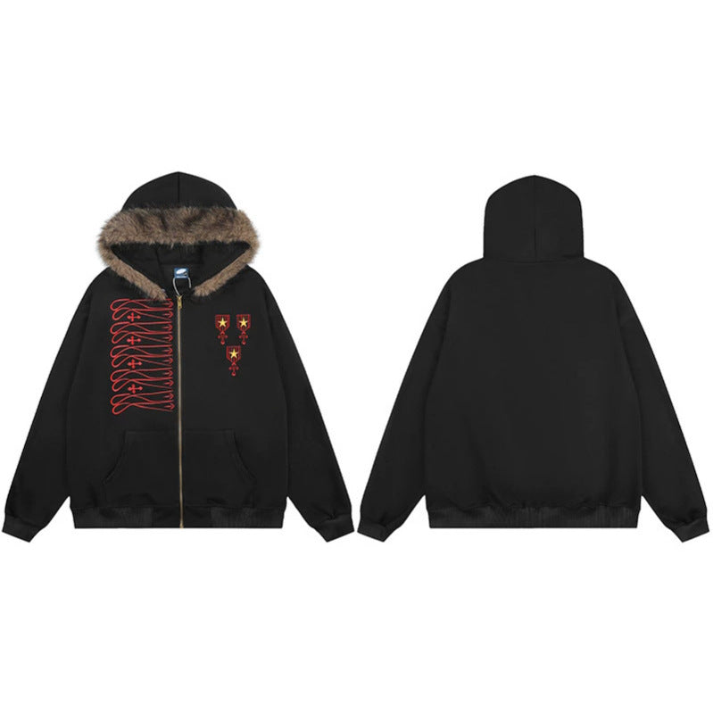 Unisex hooded sweat jacket with faux fur lined hood, zipper and embroidered badges Chichicherry