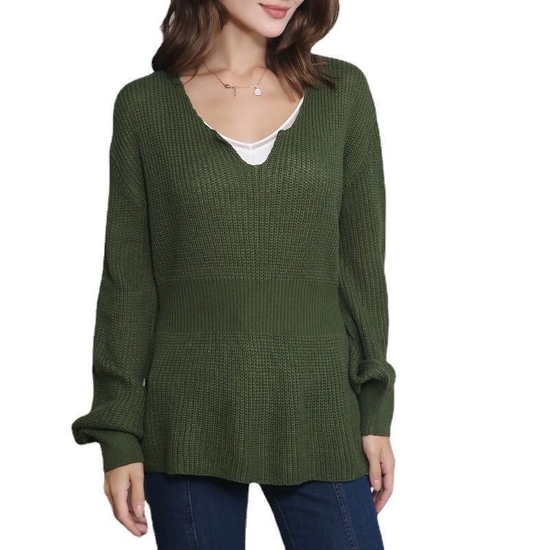 Women's Loose Fine Knit Sweater with V Notch Neckline, Fitted Ribbed Hem and Balloon Sleeves Chichicherry