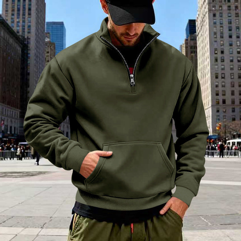 Men's Half-Zip Sweatshirt with Stand-Up Collar, Kangaroo Pocket and Ribbed Cuffs Chichicherry