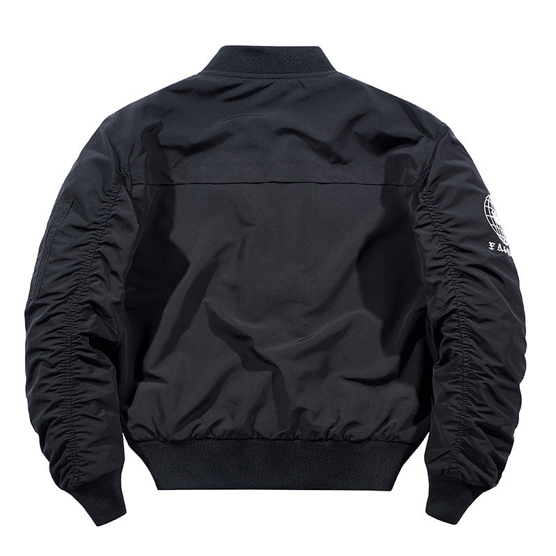 Men's Nylon Bomber Jacket in Aviator Style with Zipper Arm Pocket and Contrasting Lining Chichicherry