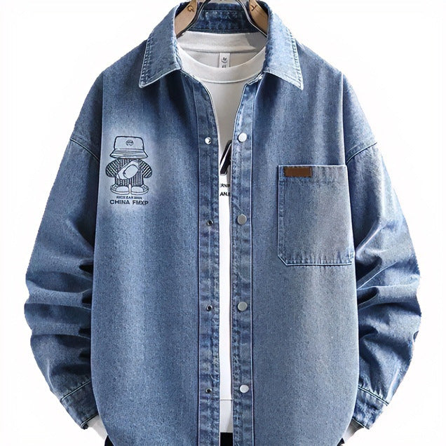 Herren Oversized Denim-Hemdjacke im Relaxed-Worker-Style mit Brusttasche und Druckknöpfen Chichicherry