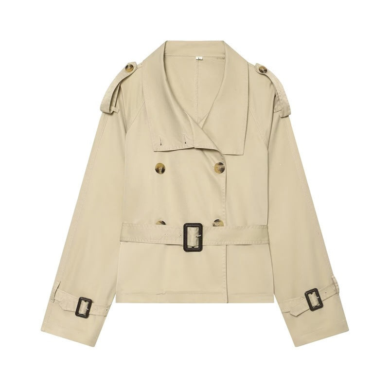 Women Short Boxy Trench with Double Breasted, Waist Belt and Shoulder Tabs Chichicherry