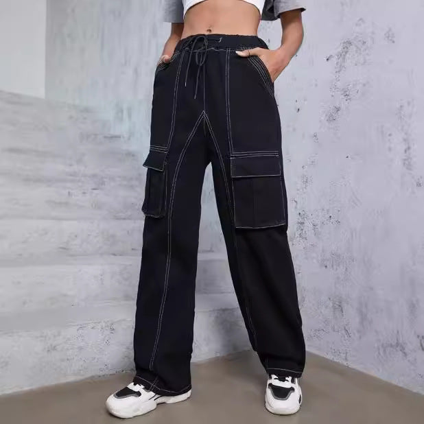 Women’s utilitarian denim cargo pants with contrast stitching and drawstring Chichicherry