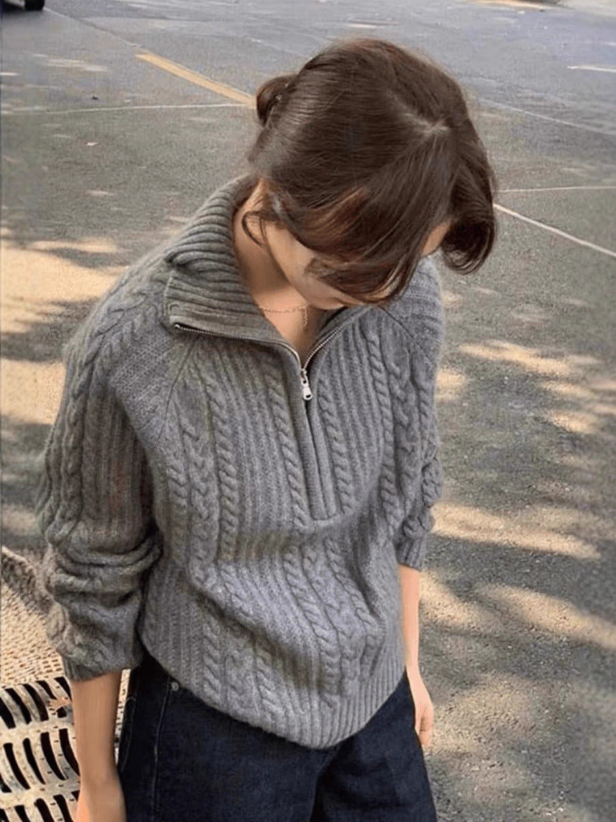 Ladies cable knit polo collar sweater with half zipper and soft mohair look Chichicherry