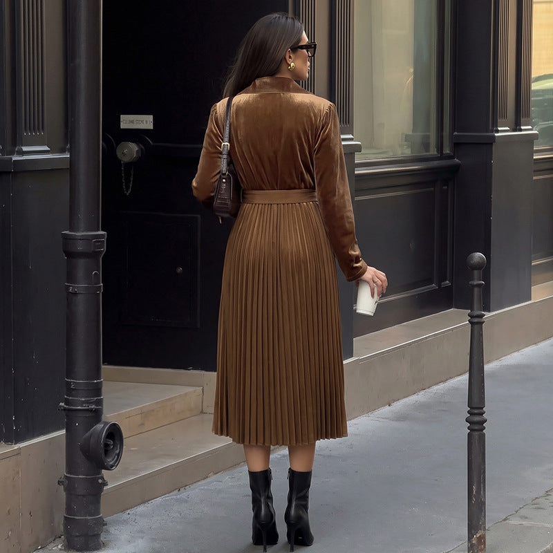 Ladies' velvet midi dress with wrap top, shawl collar, waist belt, and pleated skirt Chichicherry