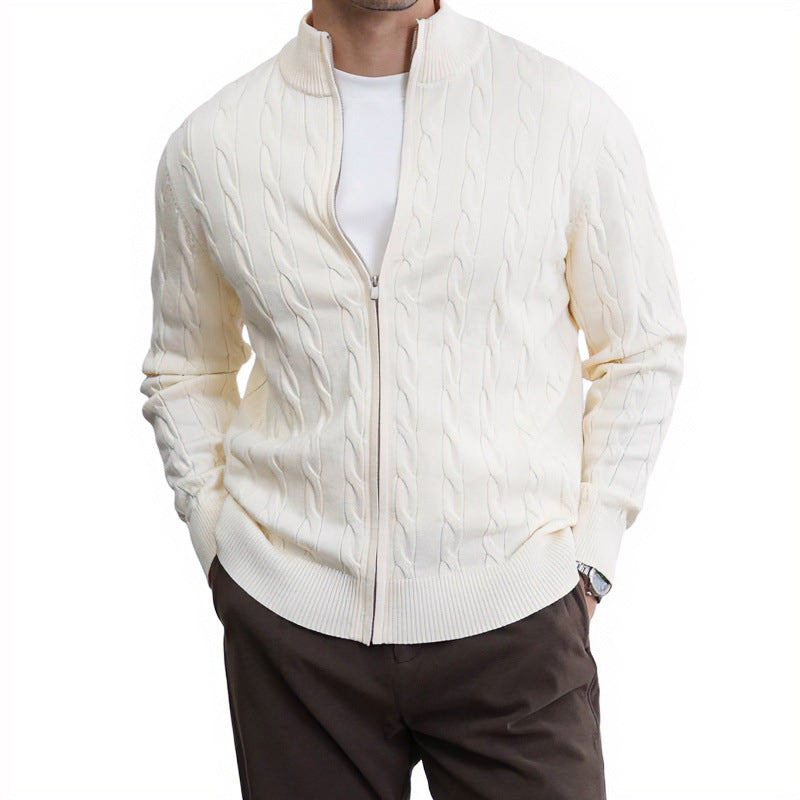 Herren Feiner Zopfmuster-Halbzip-Cardigan mit Rippkragen und silbernem Reißverschluss Chichicherry