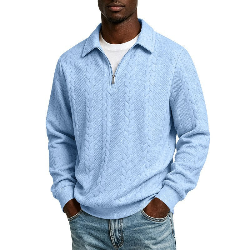Men's cotton blend polo sweater with short front zip and cable knit pattern Chichicherry
