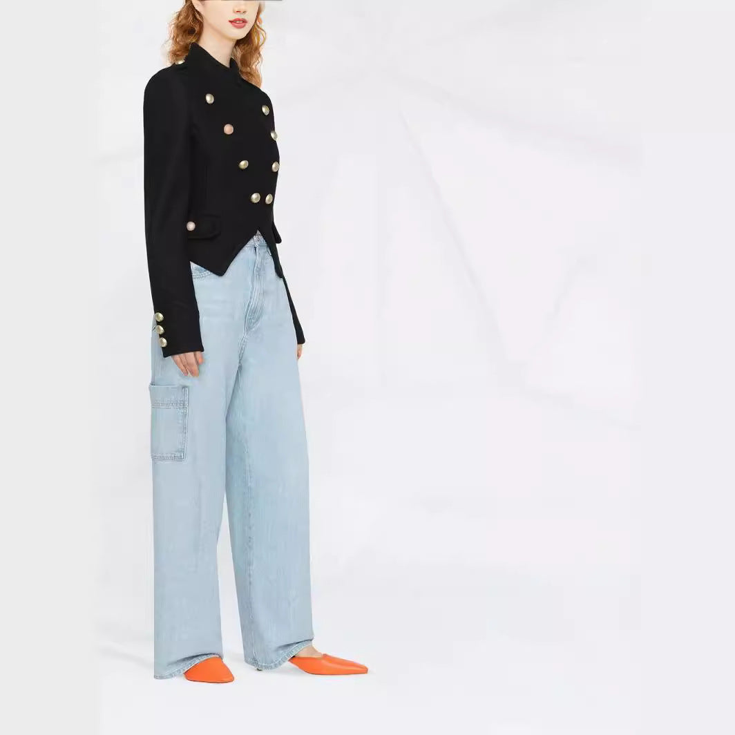 Ladies Tailored Short Military Blazer with Decorative Buttons and Stand-Up Collar Chichicherry