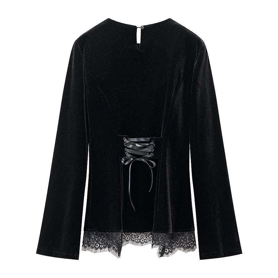 Women's velvet blouse with lace insert and asymmetrical lace hem Chichicherry