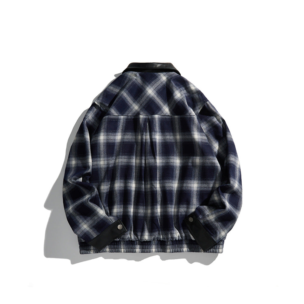 Men's Checkered Overshirt Jacket made of Flannel with Faux Leather Details and Snap Button Placket Chichicherry