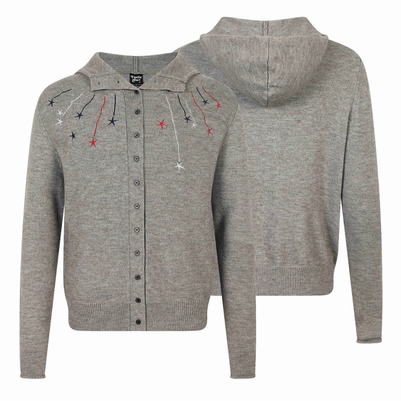 Women's fine knit cardigan with stand-up collar, star embroidery and full-length button placket Chichicherry