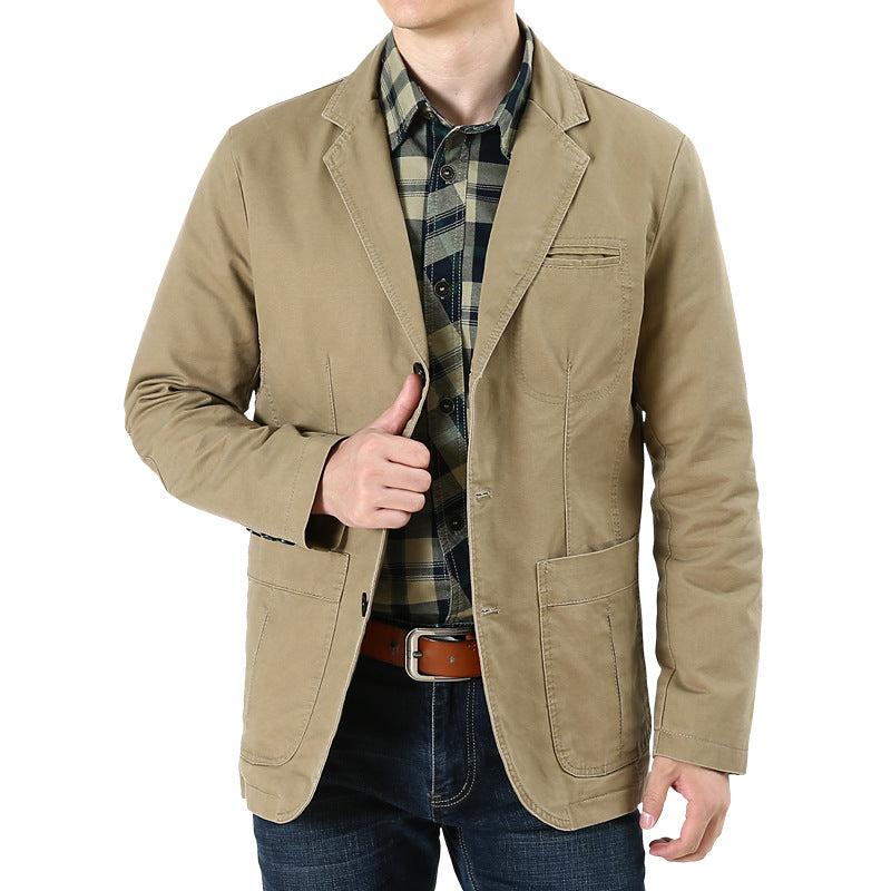 Men's Casual Linen Blazer in Worker Blouson Style with Shirt Collar, Flap Pockets and Striped Lining Chichicherry