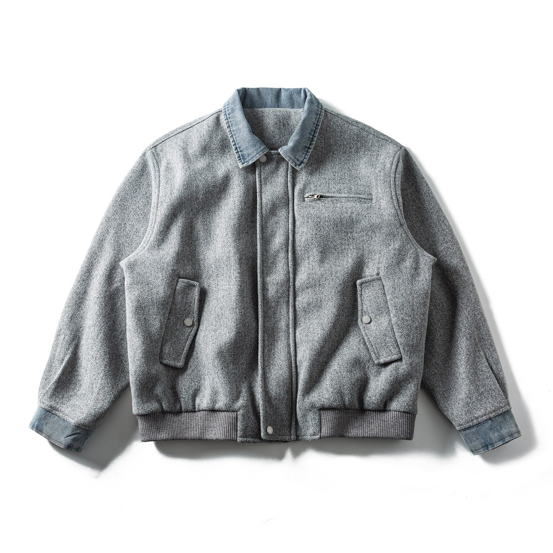Men's Short Wool Blend Bomber Jacket with Denim Collar and Flap Pockets Chichicherry