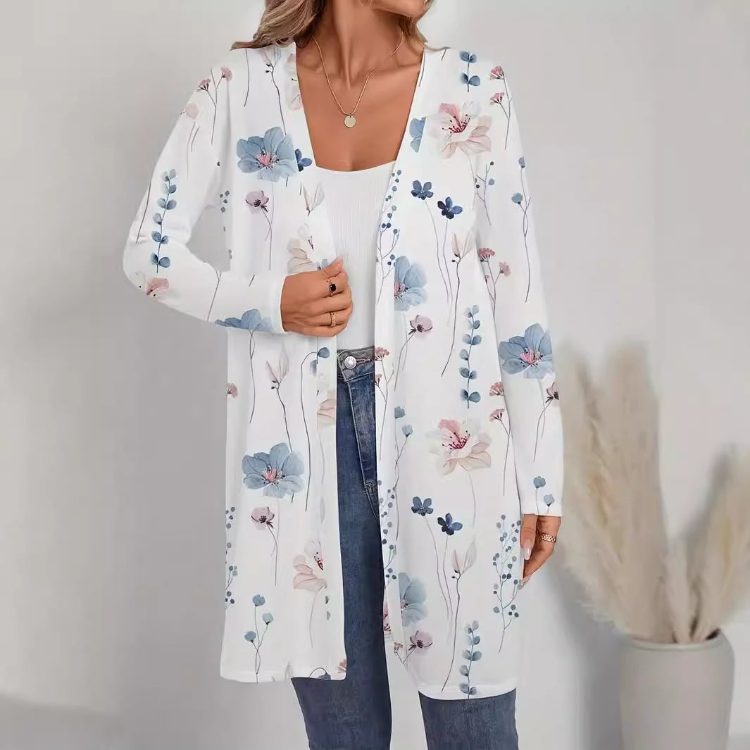 Ladies Floral Longline Cardigan with Open Cut and Light Viscose Mix Chichicherry