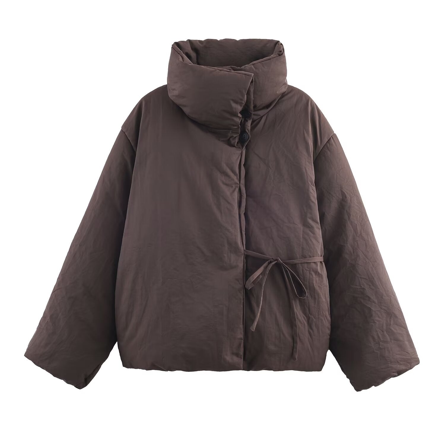 Women's Oversized Quilted Jacket with High Stand Collar and Waist Belt Chichicherry