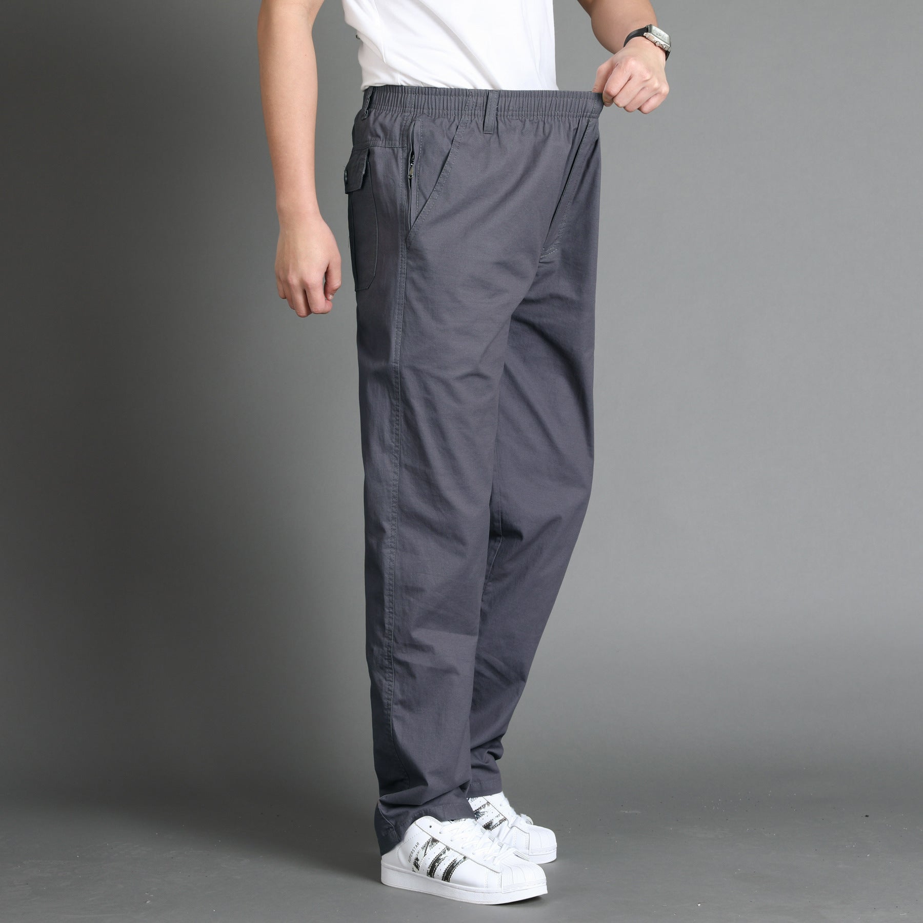 Men's loose-fitting chino pants with elastic waistband and side zipper pocket Chichicherry
