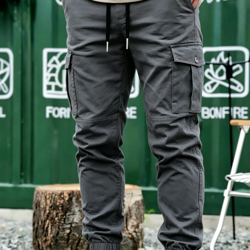 Men's Tapered Cargo Jogging Pants with Elastic Hem, Drawstring & Multifunctional Pockets Chichicherry