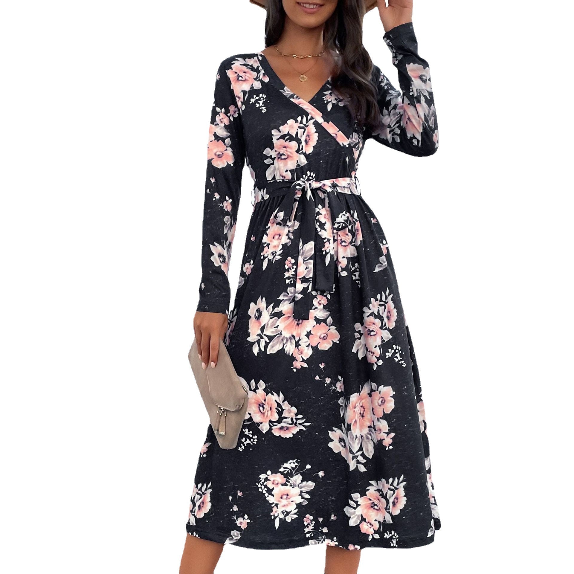 Women Floral Wrap Midi Dress with V-Neck, Waist Belt and Flared Skirt Chichicherry