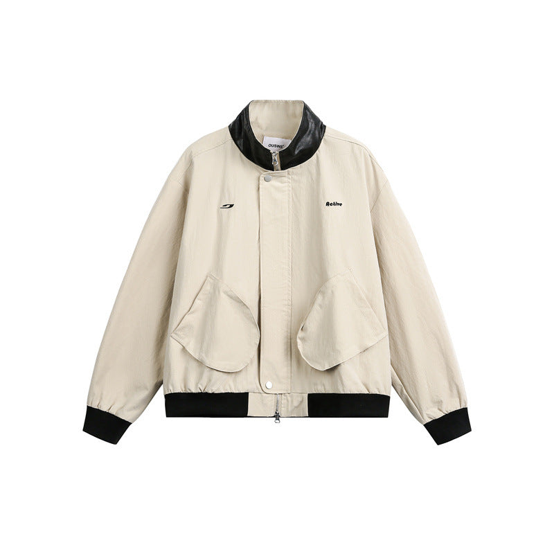 Unisex Short Cut Boxy Bomber Jacket with Contrast Collar and Large Flap Pockets Chichicherry