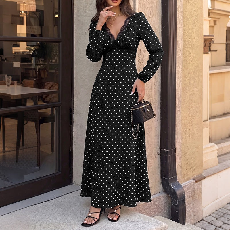 Women's Polka-Dot Maxi Dress with Lace V-Neck, Empire Waistline, and Long Flowing Skirt Chichicherry
