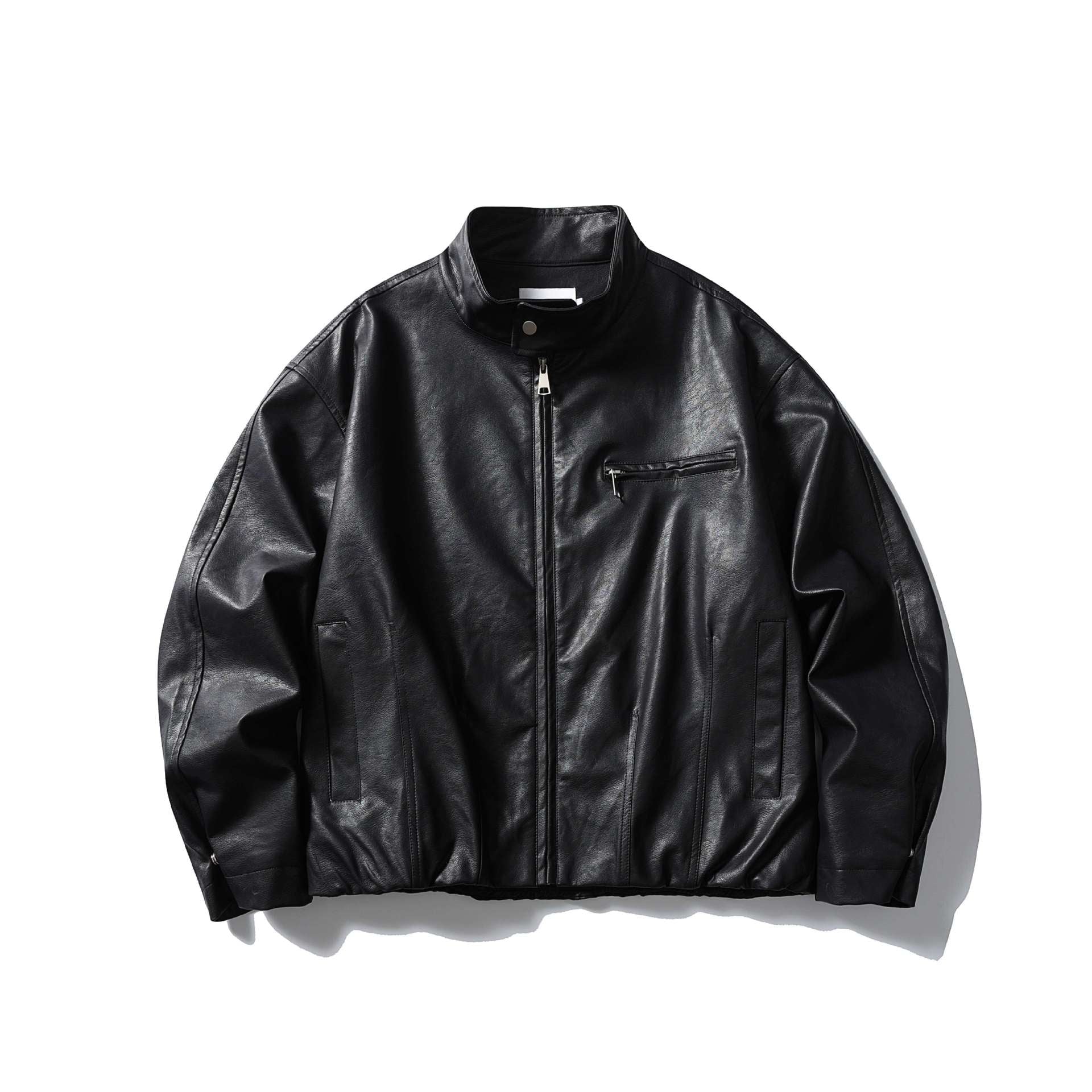 Men's leather pilot jacket with high stand-up collar and zip chest pocket Chichicherry