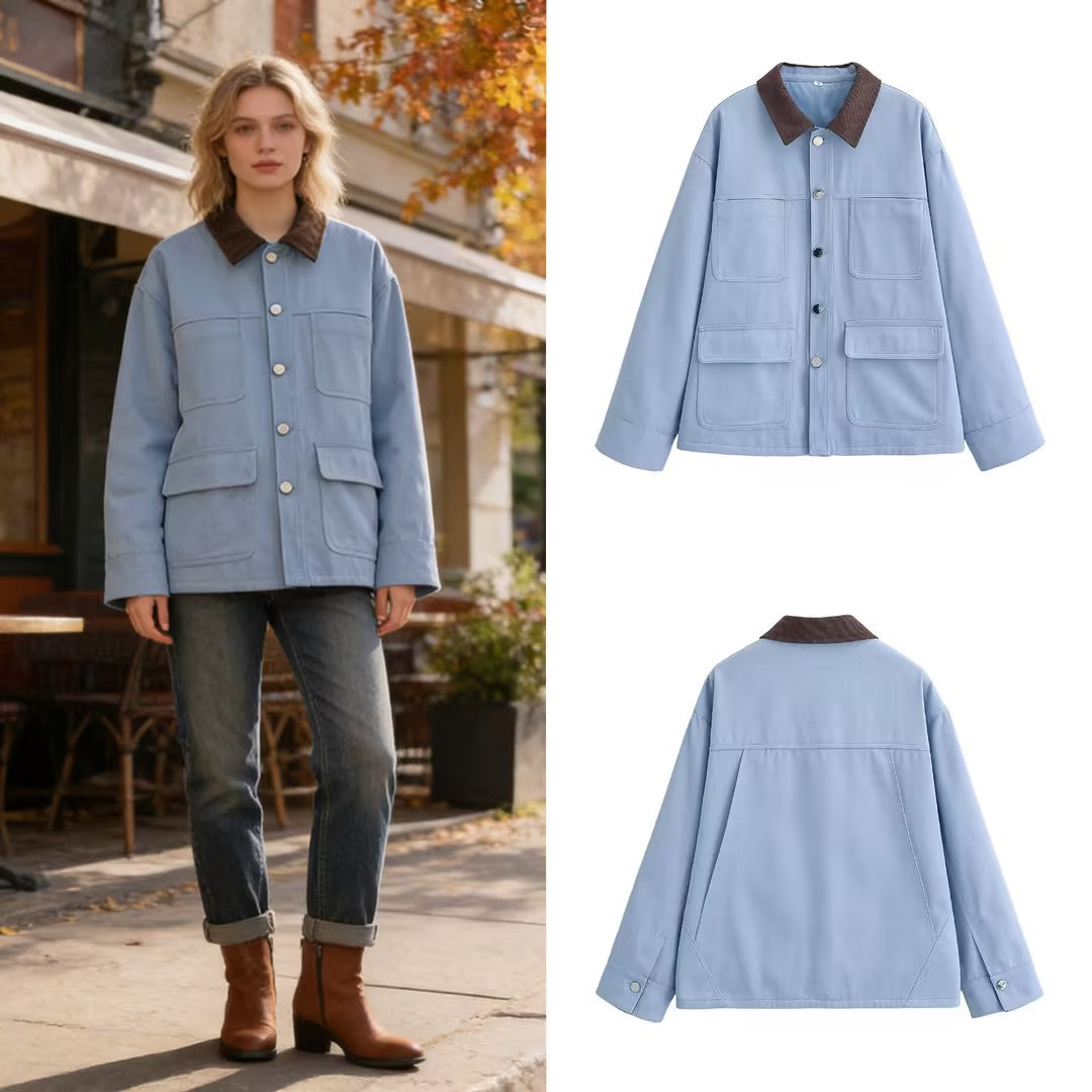 Women's Boxy Work Jacket with Cord Collar and Four Patch Pockets Chichicherry
