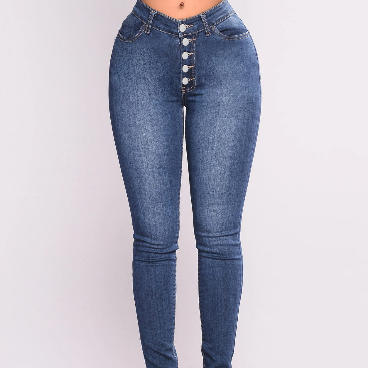 Women High-Waisted Shaping Skinny Jeans with Visible Button Placket Chichicherry