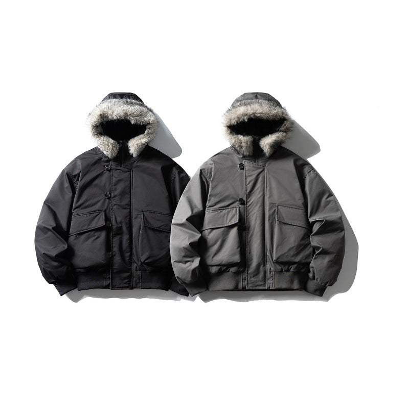Men's Insulated Winter Bomber Jacket with Hood and Faux Fur Trim Chichicherry