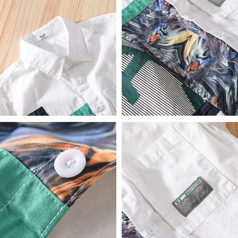 Men's Casual Shirt with Artistic Print Panels and Sewn-On Chest Pocket Chichicherry
