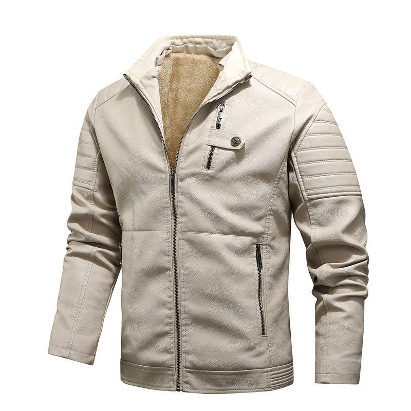 Men's Faux Leather Moto Jacket with Quilted Shoulder Yoke and Warm Teddy Fleece Lining Chichicherry