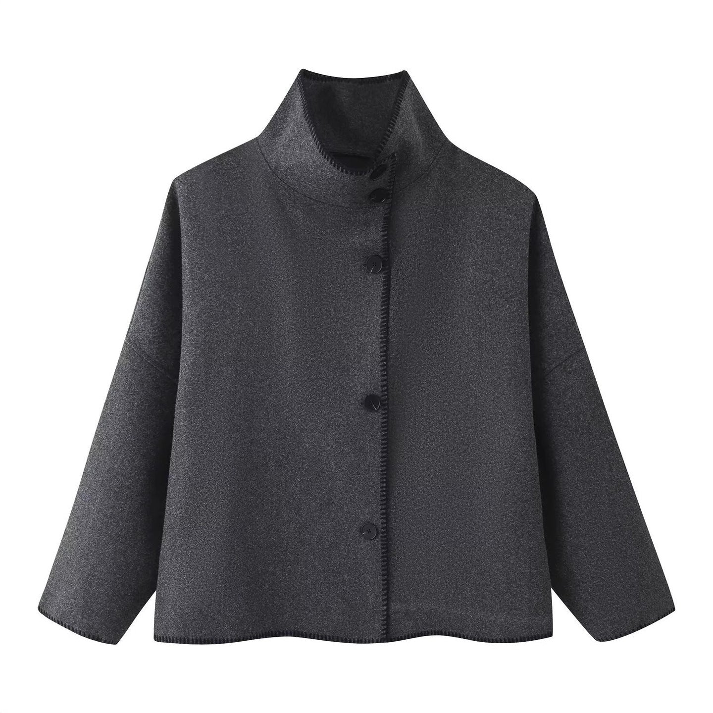 Women's Short Boxy Coat-Cape with Standing Collar and Contrast Decorative Stitch Chichicherry