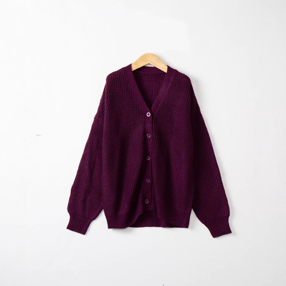 Women Waffle Structure Cardigan with Deep V Neck and Boxy Oversized Cut Chichicherry