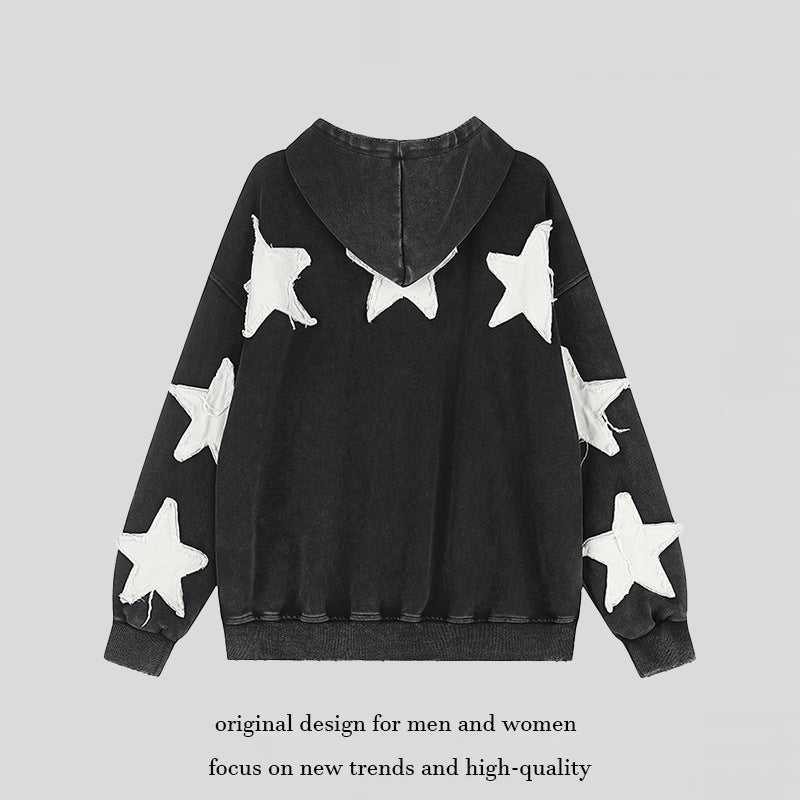 Women Oversize Hoodie Sweatshirt with Star Appliqués and Vintage Wash Chichicherry