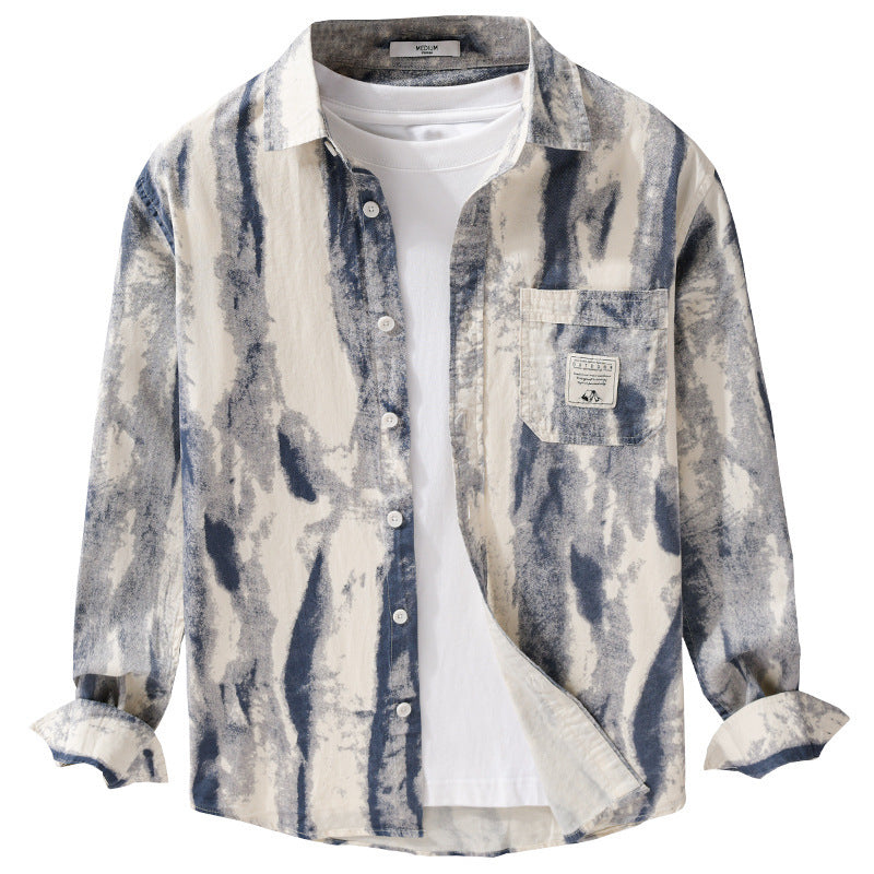 Men's Loose Shirt Jacket - Overshirt made of Linen-Cotton Blend with Abstract Brush Print and Kent Collar Chichicherry
